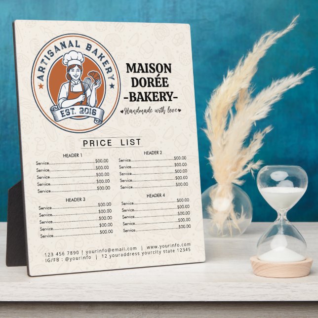 Bakery Store Pastry Chef Desserts Menu Price List Plaque (Side)