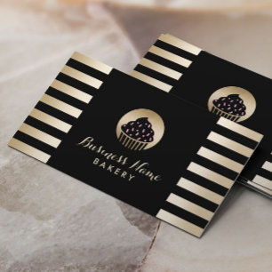Bakery Sweet Cupcake Modern Black & Gold Stripes Business Card