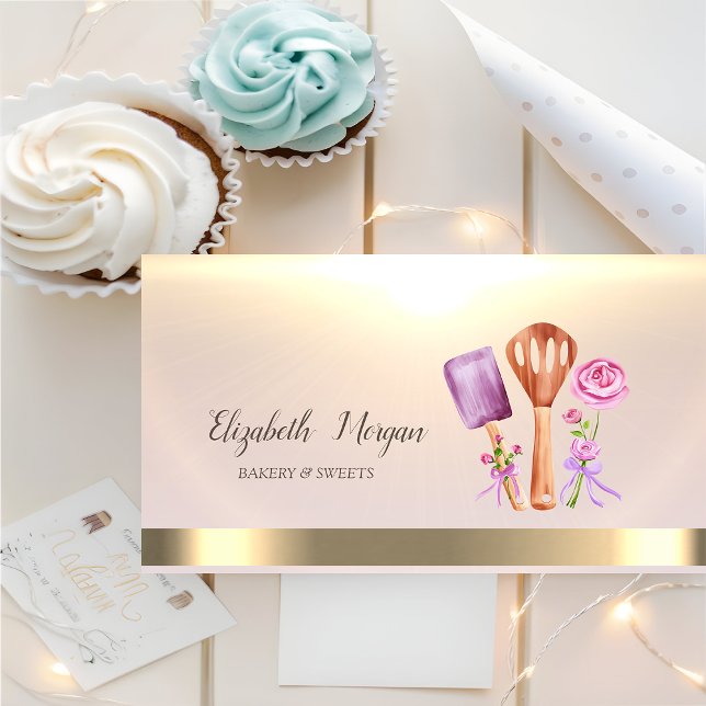 Bakery Tools Flowers Gold Business Card (Creator Uploaded)