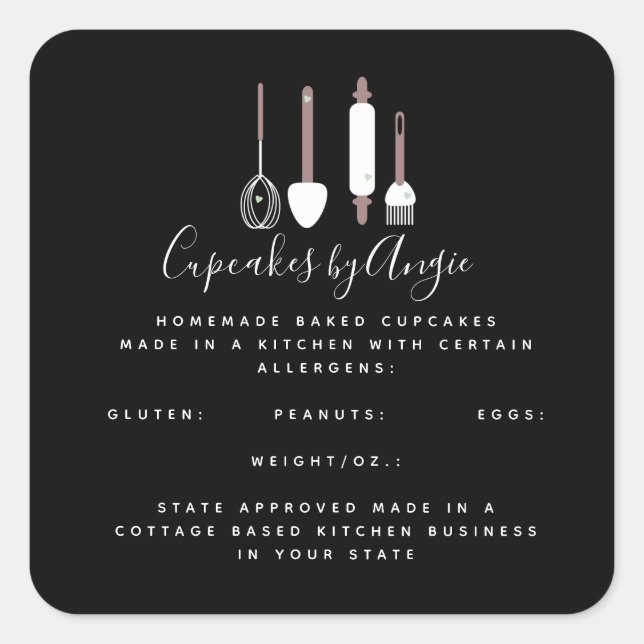 Bakery Tools Logo Food Business  Black Square Sticker (Front)