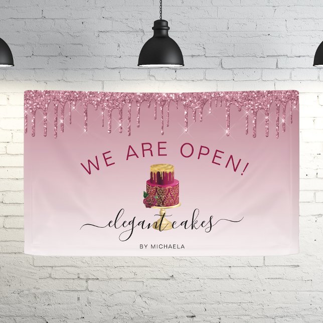 Bakery We Are Open Glitter Drip Burgundy Cake Banner (Creator Uploaded)