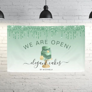Bakery We Are Open Glitter Drip Green Cake Banner