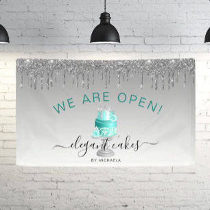 Bakery We Are Open Glitter Drip Turquoise Cake Banner