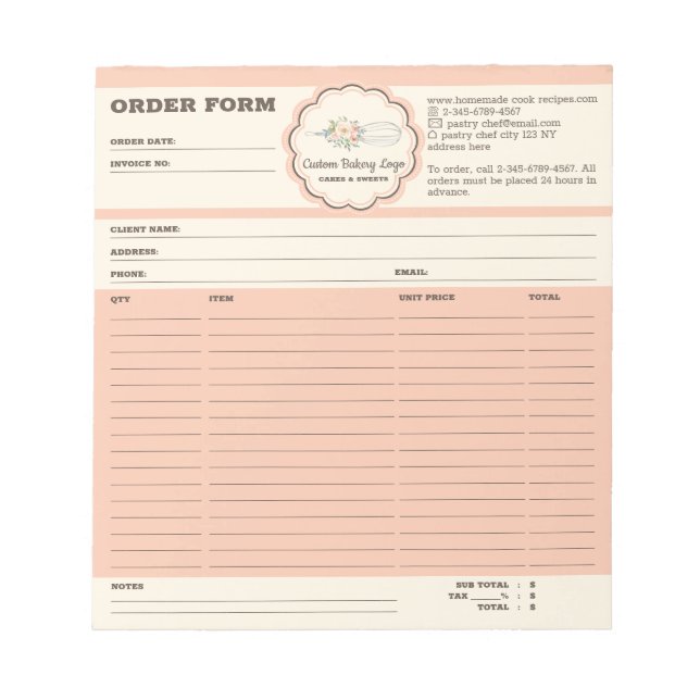 Bakery Whisk Order Form Notepad (Front)