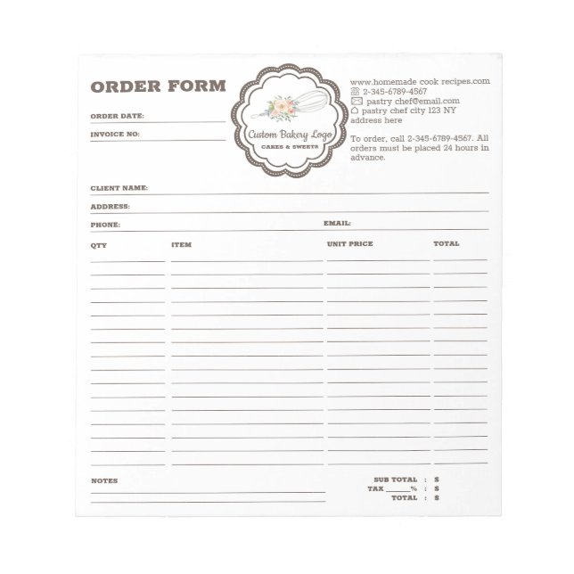 Bakery Whisk Order Form simple Notepad (Front)