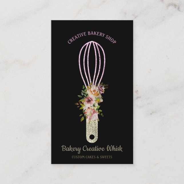 Bakery Whisk sparkling glitz gold Black Business Card (Front)
