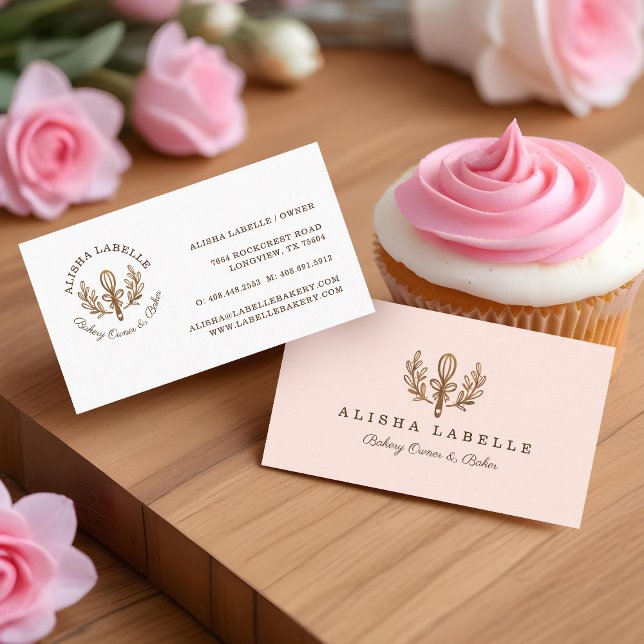 Bakery Wooden Whisk & Floral Leaf Wreath Logo Business Card (Bakery Wooden Whisk & Floral Leaf Wreath Logo Business Card)