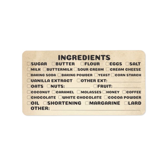 Baking bakery ingredients checklist packaging label (Front)