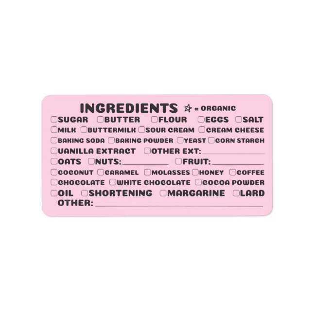 Baking bakery part organic ingredients checklist label (Front)