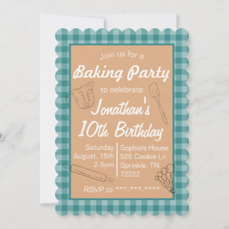 Baking Birthday Invitation Blue Plaid