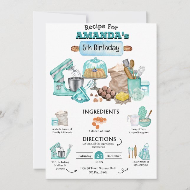 Baking Birthday Party Girly Cooking Birthday Party Invitation (Front)