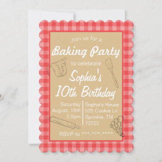 Baking Birthday Party Invitation Pink Plaid