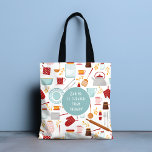 Baking Cheaper Than Therapy Funny Kitchen Blue Tote Bag<br><div class="desc">Baking Cheaper Than Therapy Funny Kitchen Blue Tote Bags features a colourful kitchen themed pattern with the editable text "Baking is cheaper than therapy" in modern script typography. Perfect gift for those who enjoy baking, cooking and being in the kitchen for Christmas, birthday, Mother's Day. Designed by ©Evco Studio www.zazzle.com/store/evcostudio...</div>