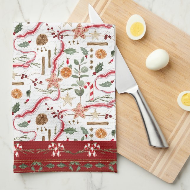 Baking Christmas Memories Cookies Red Watercolor Tea Towel (Quarter Fold)