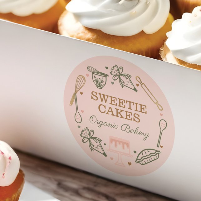 Baking & Cooking Utensil Pink & Olive Green Classic Round Sticker (Baking & Cooking Utensil Pink & Olive Green Classic Round Sticker)