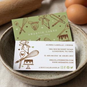 Baking & Cooking Utensil Woodgrain Texture & Green Business Card