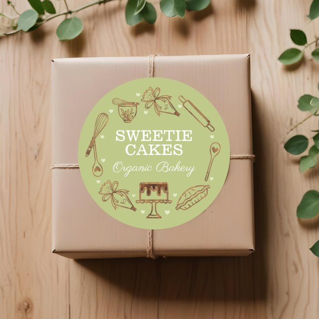 Baking & Cooking Utensil Woodgrain Texture & Green Classic Round Sticker (Baking & Cooking Utensil Woodgrain Texture & Green Classic Round Sticker)