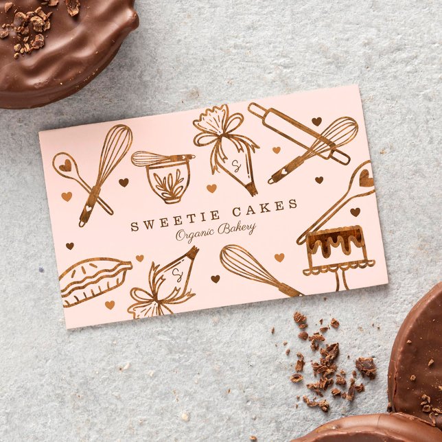 Baking & Cooking Utensil Woodgrain Texture & Pink Business Card (Creator Uploaded)