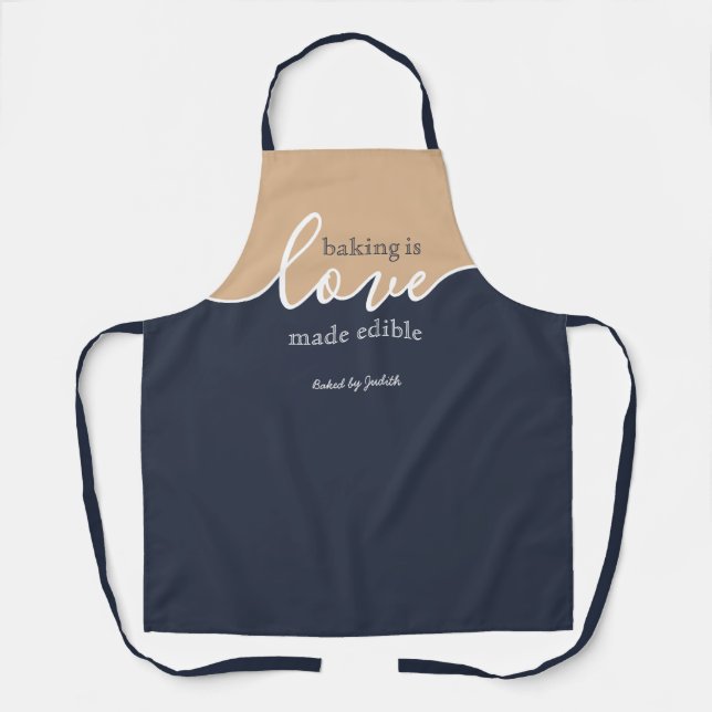 Baking is Love made Edible NAVY & TAN Script Apron (Front)