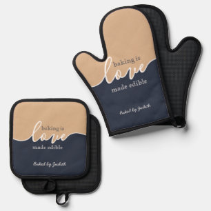 Baking is Love made Edible NAVY & TAN Script Oven Mitt & Pot Holder Set
