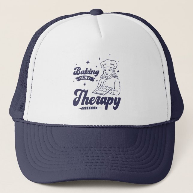 Baking Is My Therapy, Funny Baking Chef Gifts Trucker Hat (Front)