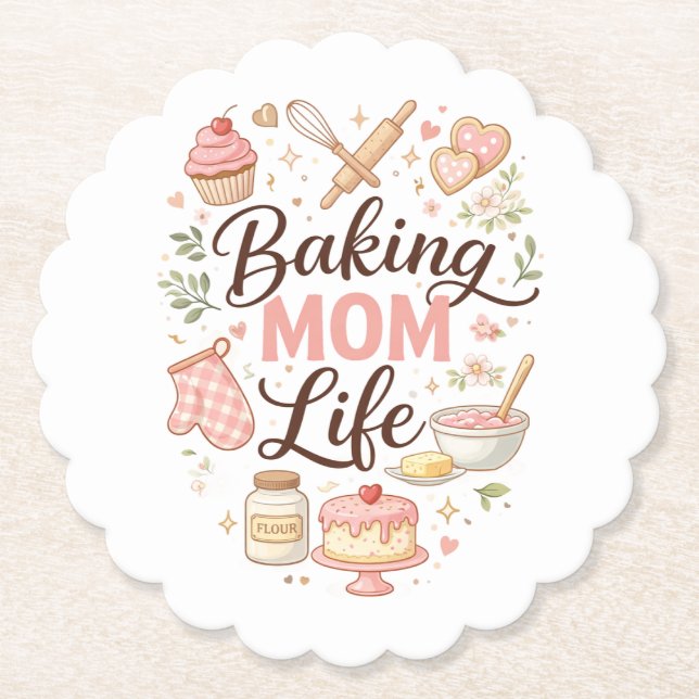 Baking Mum Life" Illustrated Floral Coaster Set –  (Front)