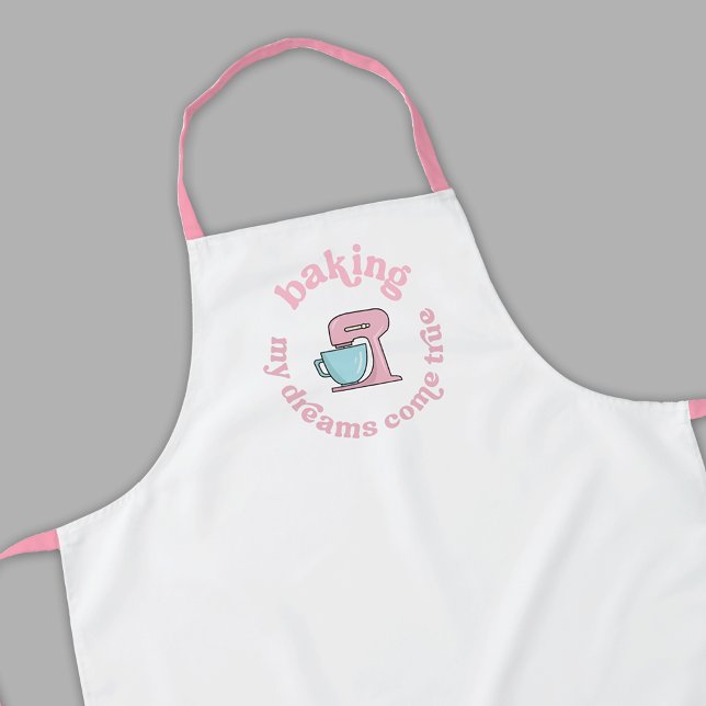 Baking My Dreams Come True Pink Cake Baker Funny Apron (Trendy and fun baker apron with retro font design in blush pink and white)