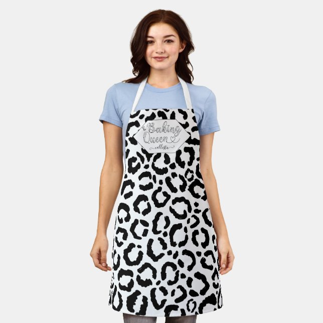 Baking Queen Black White Leopard Cheetah Name Apron (Worn)