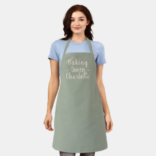 Baking queen sage green custom script name stylish apron