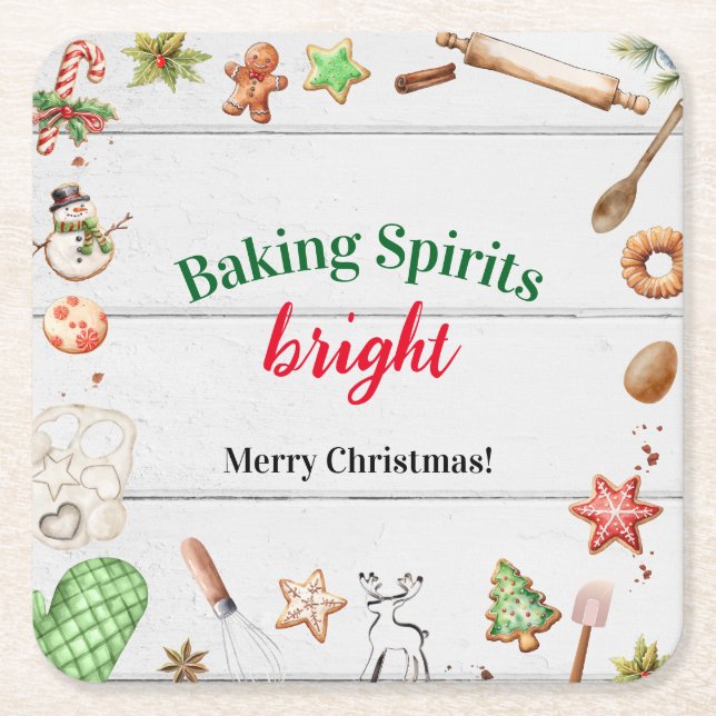Baking Spirits Bright Christmas Square Paper Coaster (Front)