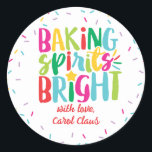 Baking Spirits Bright Colourful Sprinkles Christma Classic Round Sticker<br><div class="desc">This Christmas design features the text "baking spirits bright" in fun, colourful typography surrounded by a border of rainbow sprinkles! Click the customise button if you would like to move/scale the images and further modify the text! Variations of this design, additional colours, as well as coordinating products are available in...</div>