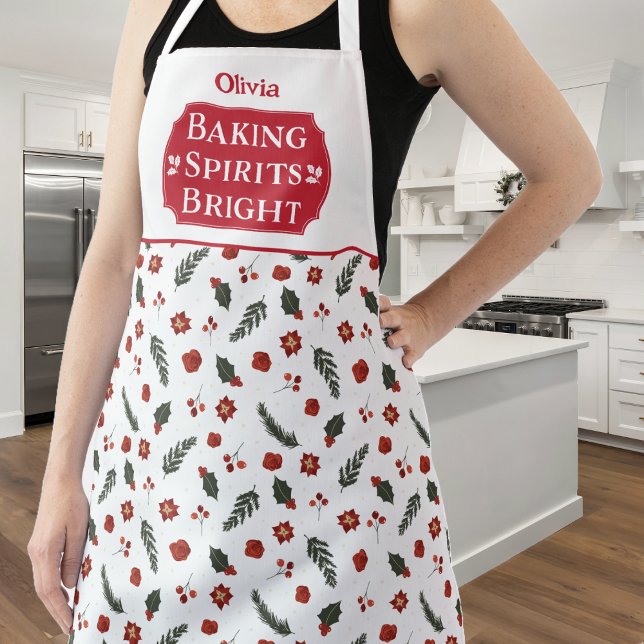 Baking Spirits Bright Monogrammed Christmas Apron (Baking Spirits Bright Holiday Baking Apron with name. Bake and cook in your new favorite apron.)