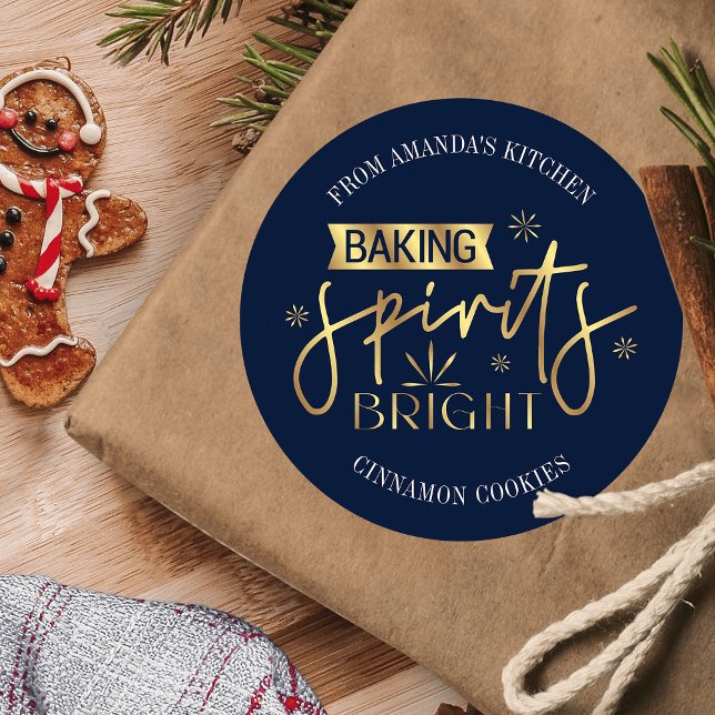 Baking Spirits Bright Navy & Gold Christmas Cookie Classic Round Sticker (Navy and gold holiday baking packaging label for your home baked gifts or cookie exchange)