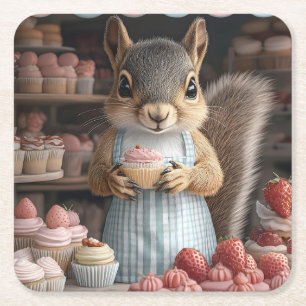 Baking Squirrel with Cupcake Square Paper Coaster