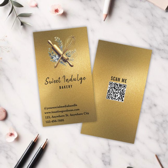 Baking Utensil QR Code Gold Glitter Bakery Business Card (Creator Uploaded)