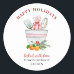 Baking Utensils Bakers Christmas Holiday Classic R Classic Round Sticker<br><div class="desc">Cute Red and white hand painted watercolor baking utensils in a mixing bowl with Christmas decoration stickers perfect for holiday baking. Customise by using the "Edit this design template" boxes on the right hand side of the item, or click the blue "Customise it" button to arrange the text, change the...</div>