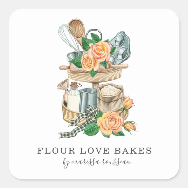 Baking Utensils Bakery Baker Watercolor Square Sticker (Front)