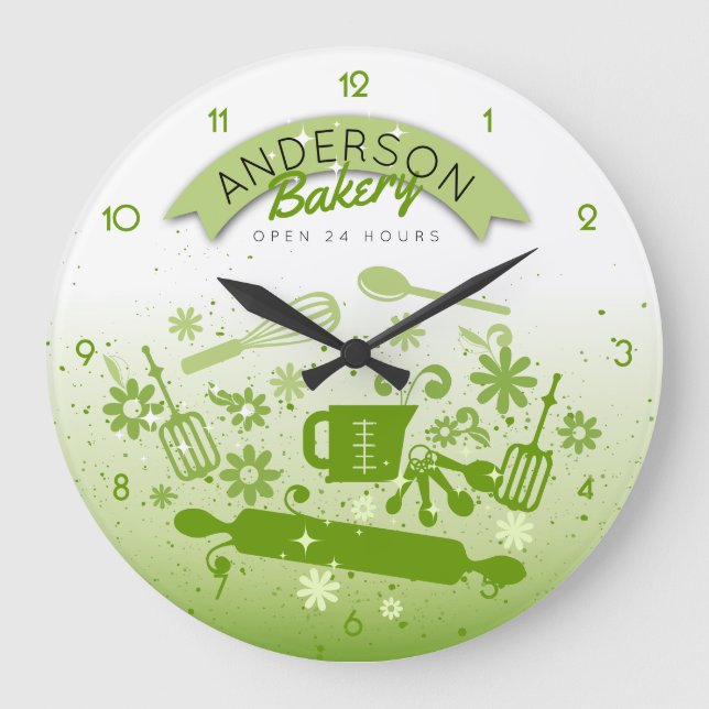 Baking utensils cooking personalized green kitchen large clock (Front)