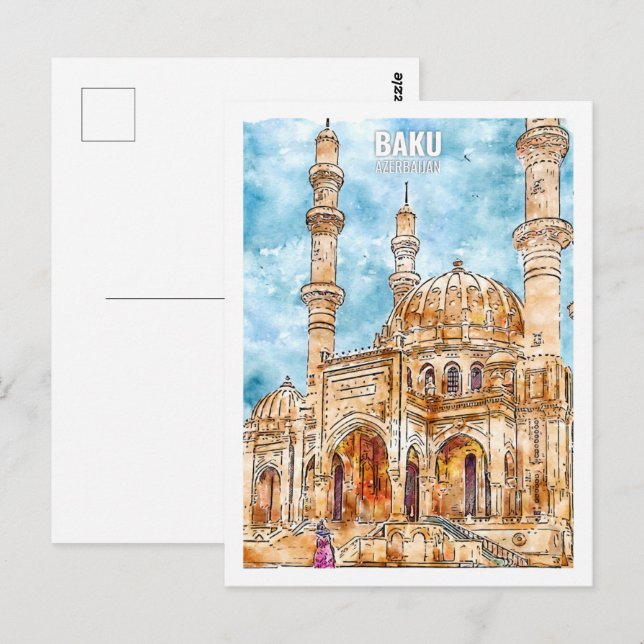 Baku Azerbaijan Travel Place Watercolor Postcard (Front/Back)
