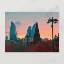 Baku skyline and flame towers postcard