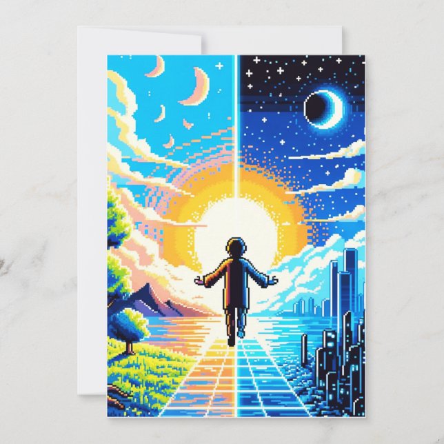 Balance of Worlds - Futuristic Pixel Art Tech Holiday Card (Front)