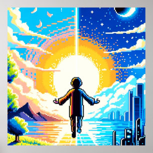 Balance of Worlds - Futuristic Pixel Art Tech Poster