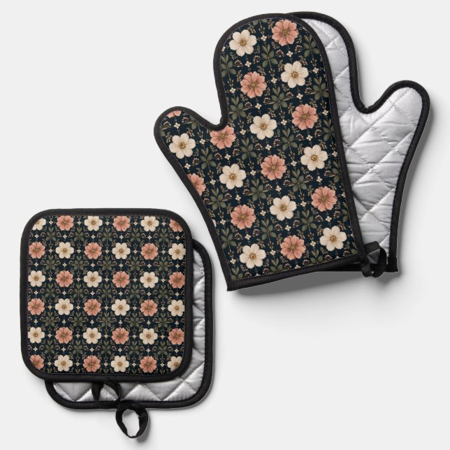 Balanced Contemporary Floral Grid Oven Mitt & Pot Holder Set (Front/Back)