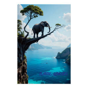 Balancing Elephant on Cliff – Surreal Wildlife Poster