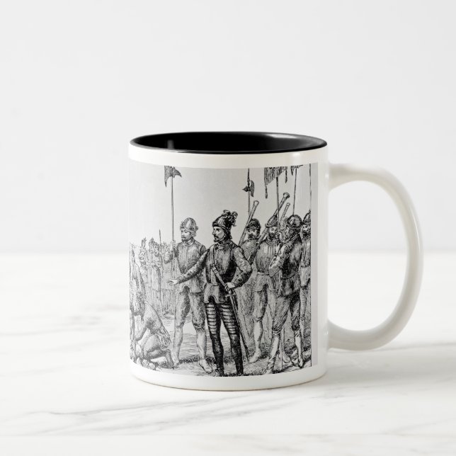 Balboa Setting up the Cross on the Shore Two-Tone Coffee Mug (Right)