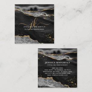 Balck Agate Gold Glitter Script Monogram Square Business Card