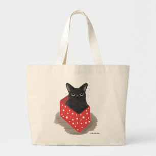 Balck cat in a red box large tote bag