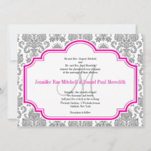 Balck Damask Hot Pink White Wedding Invitations