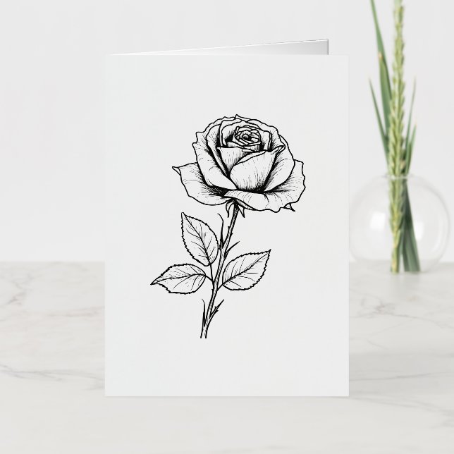 Balck White Rose Line Art Foil Greeting Card (Front)