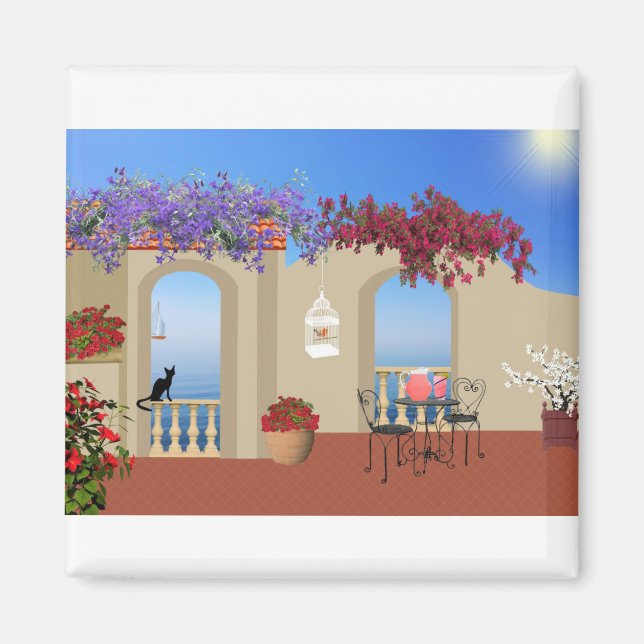 Balcony Outside Flowers Table Tranquillity Seaside Magnet (Front)